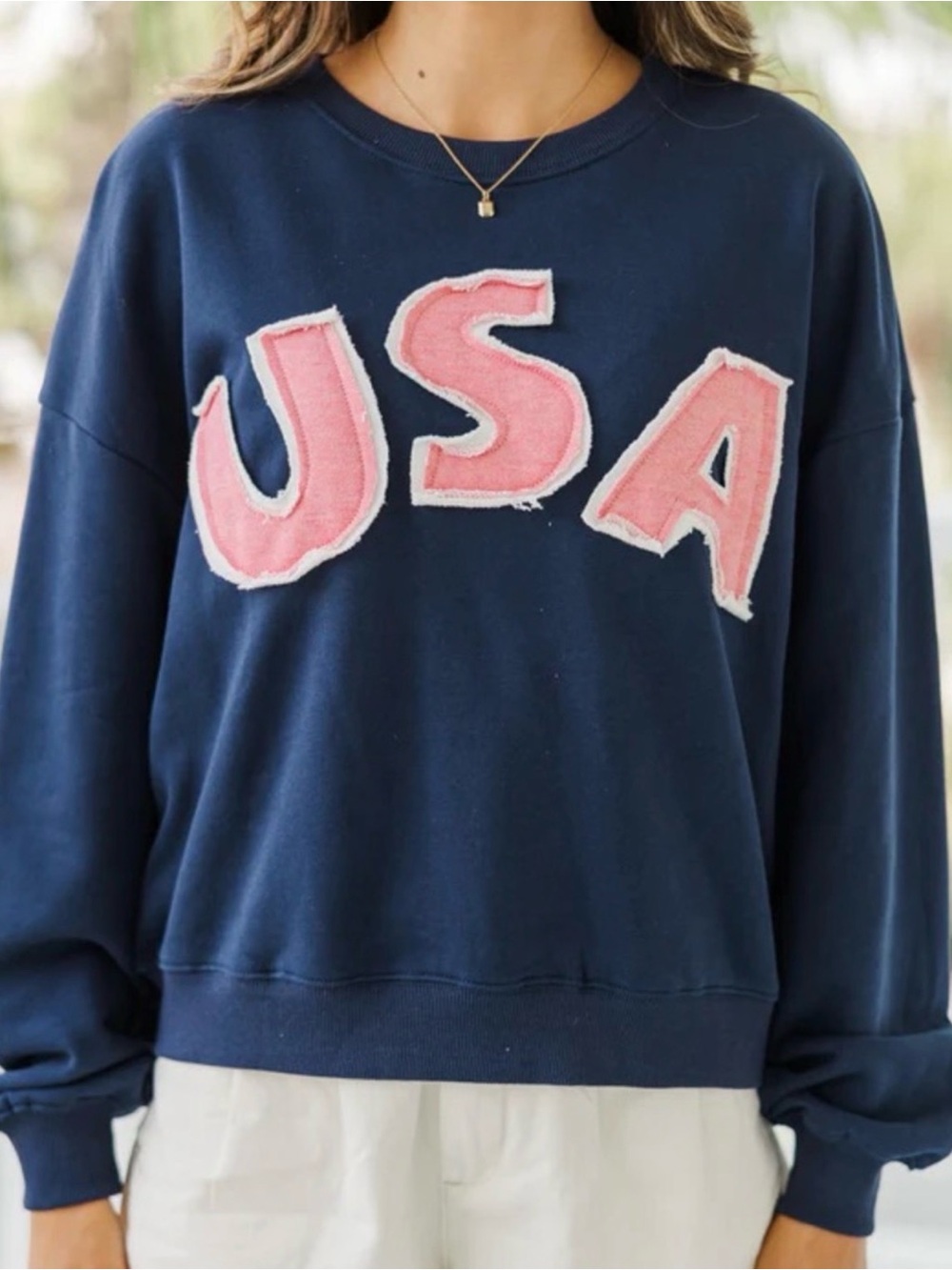 By Together Navy Crewneck Sweatshirt with Pink USA Appliqué